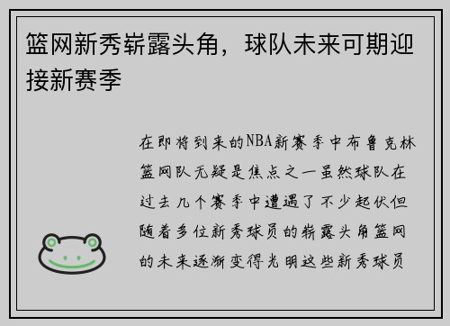 篮网新秀崭露头角，球队未来可期迎接新赛季