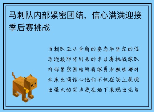 马刺队内部紧密团结，信心满满迎接季后赛挑战