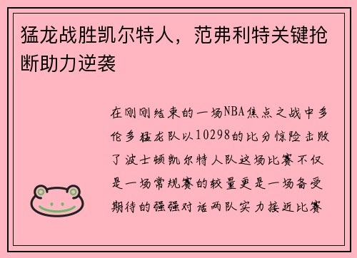 猛龙战胜凯尔特人，范弗利特关键抢断助力逆袭