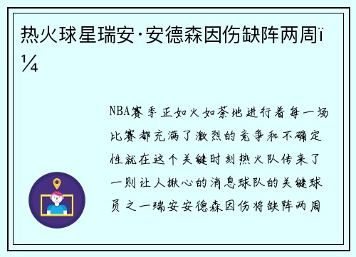 热火球星瑞安·安德森因伤缺阵两周！