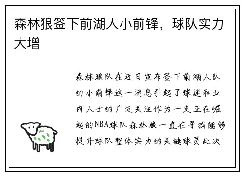 森林狼签下前湖人小前锋，球队实力大增